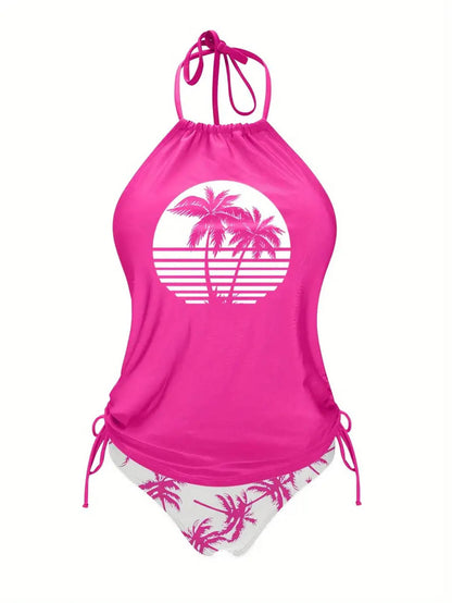 Coconut Tree Halter Tie Neck Backless Stretchy Swimsuit | ZAKAPOP