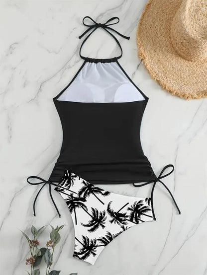 Coconut Tree Halter Tie Neck Backless Stretchy Swimsuit | ZAKAPOP