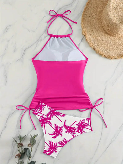Coconut Tree Halter Tie Neck Backless Stretchy Swimsuit | ZAKAPOP