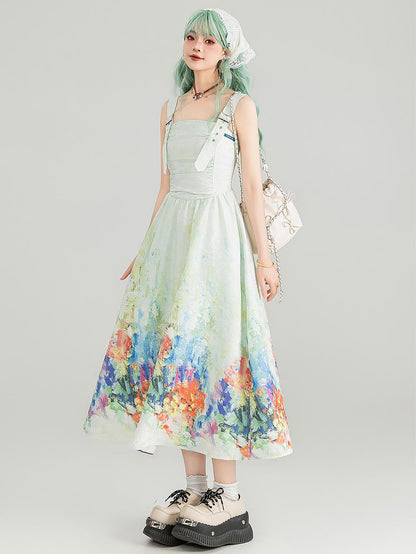 Colorful Art Jacquard Cinched-Waist Strap Dress | ZAKAPOP