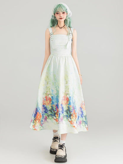 Colorful Art Jacquard Cinched-Waist Strap Dress | ZAKAPOP