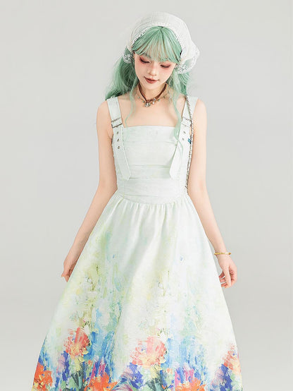 Colorful Art Jacquard Cinched-Waist Strap Dress | ZAKAPOP