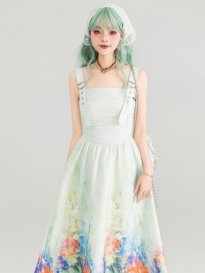 Colorful Art Jacquard Cinched-Waist Strap Dress | ZAKAPOP