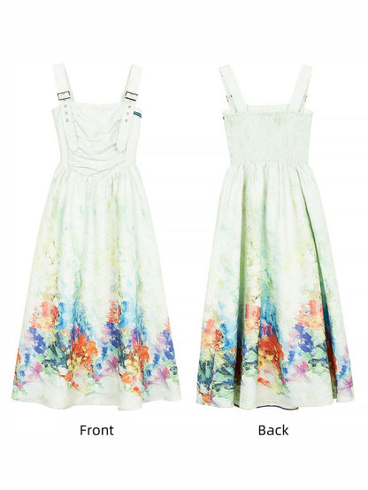 Colorful Art Jacquard Cinched-Waist Strap Dress | ZAKAPOP