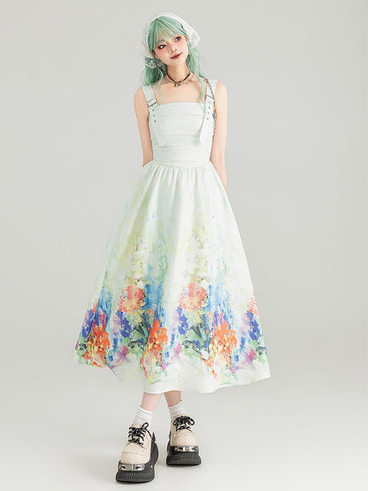 Colorful Art Jacquard Cinched-Waist Strap Dress | ZAKAPOP