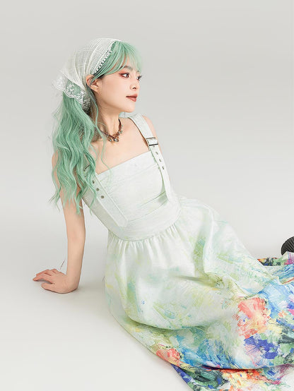 Colorful Art Jacquard Cinched-Waist Strap Dress | ZAKAPOP