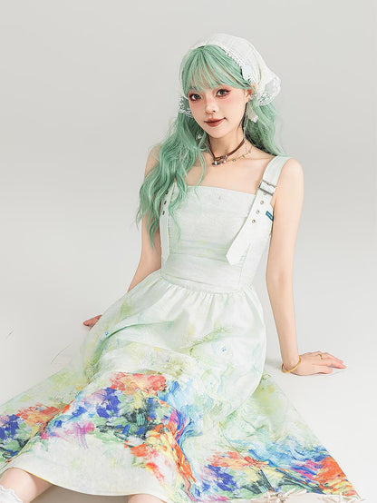 Colorful Art Jacquard Cinched-Waist Strap Dress | ZAKAPOP