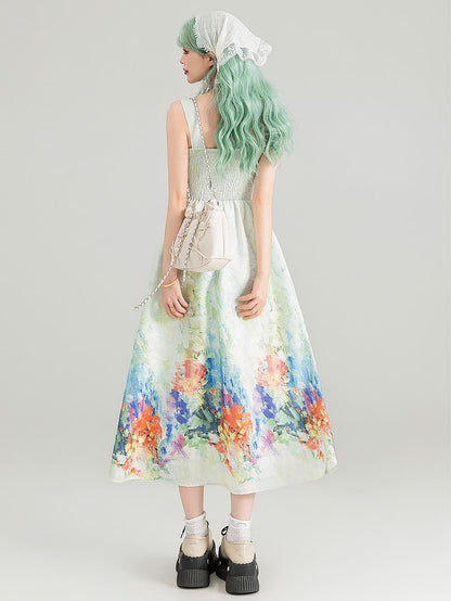 Colorful Art Jacquard Cinched-Waist Strap Dress | ZAKAPOP