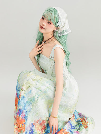 Colorful Art Jacquard Cinched-Waist Strap Dress | ZAKAPOP