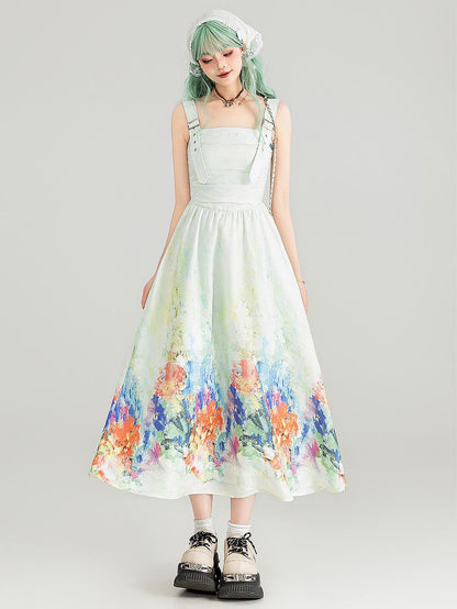 Colorful Art Jacquard Cinched-Waist Strap Dress | ZAKAPOP