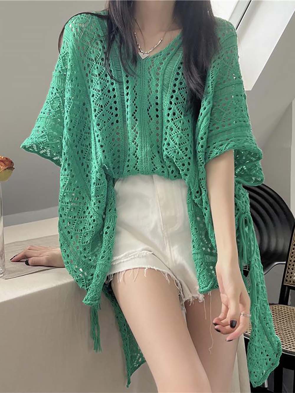 Crochet Tassel Hollow Tie Shawl Cover-up | ZAKAPOP