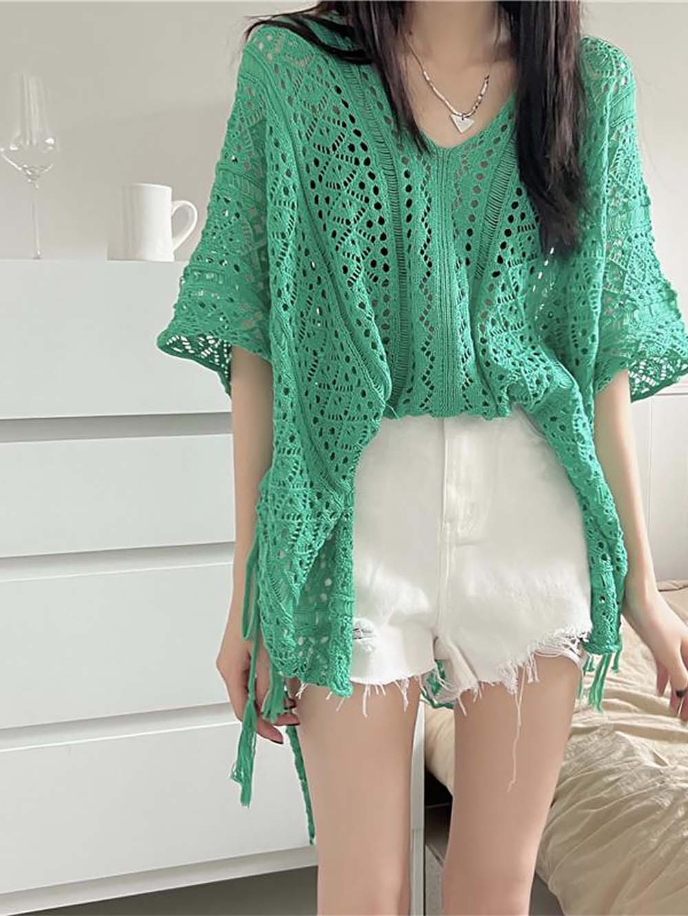 Crochet Tassel Hollow Tie Shawl Cover-up | ZAKAPOP
