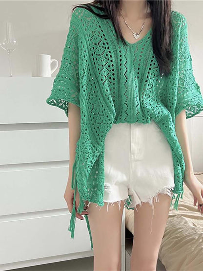 Crochet Tassel Hollow Tie Shawl Cover-up | ZAKAPOP