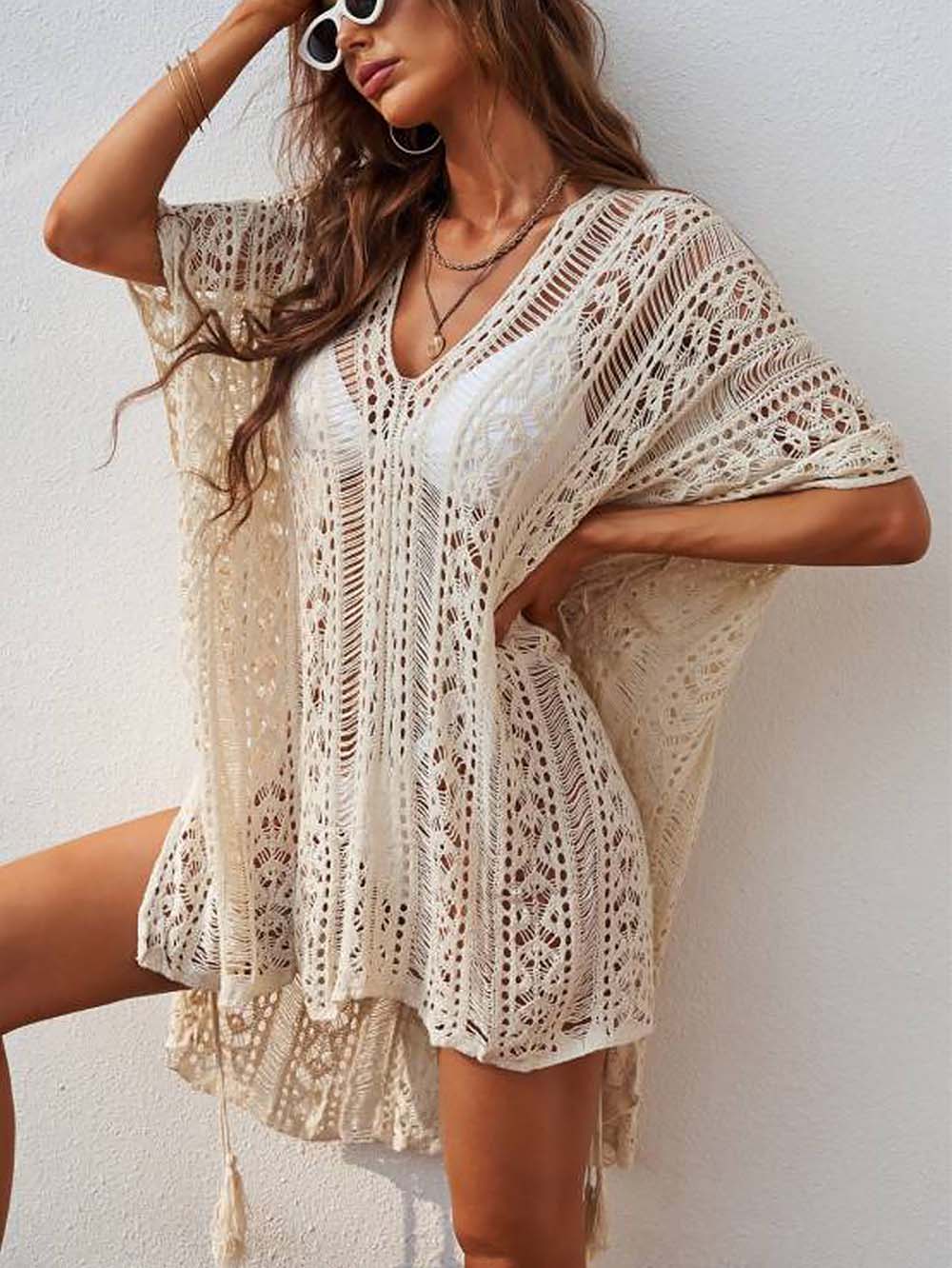 Crochet Tassel Hollow Tie Shawl Cover-up | ZAKAPOP