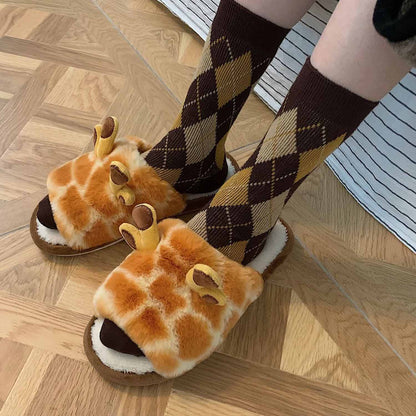 Cute Cartoon Giraffe Women's Winter Slippers | ZAKAPOP
