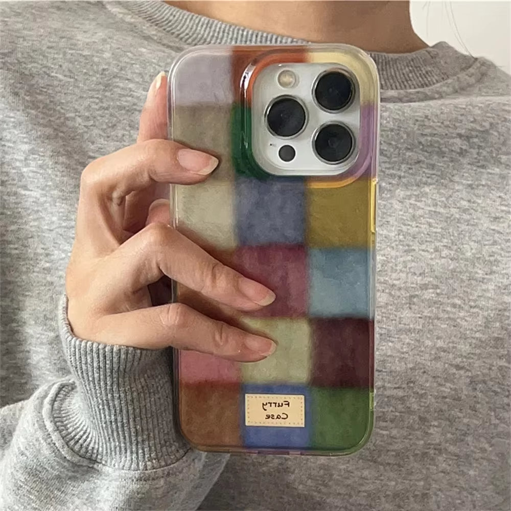 Cute Dopamine Color Block Match Plaid Clear Case | ZAKAPOP