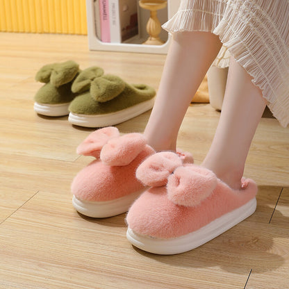 Cute Plush Winter Slippers With Bow | ZAKAPOP