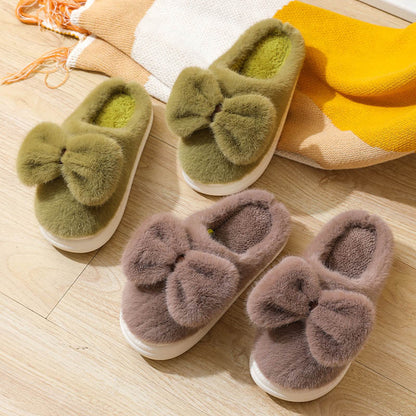 Cute Plush Winter Slippers With Bow | ZAKAPOP