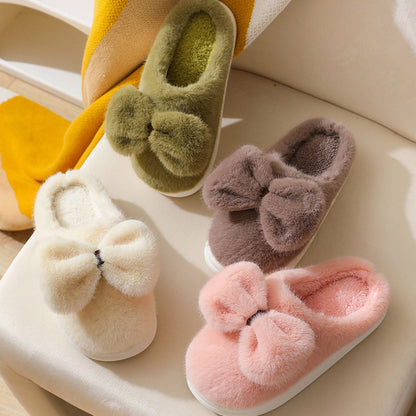 Cute Plush Winter Slippers With Bow | ZAKAPOP