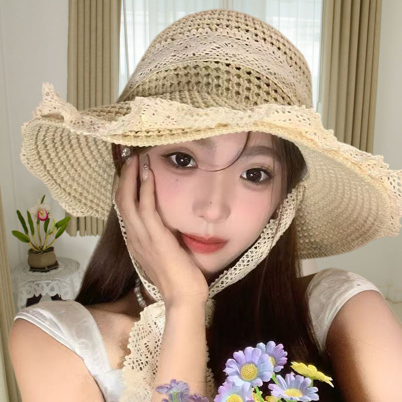 Elegant Lace Trim Sun Hat with Adjustable Windproof Strap – UV Protection & Structured Design