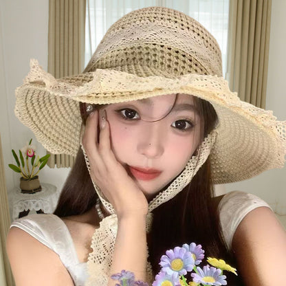 Elegant Lace Trim Sun Hat with Adjustable Windproof Strap – UV Protection & Structured Design