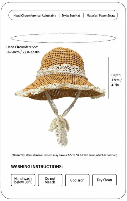 Elegant Lace Trim Sun Hat with Adjustable Windproof Strap – UV Protection & Structured Design