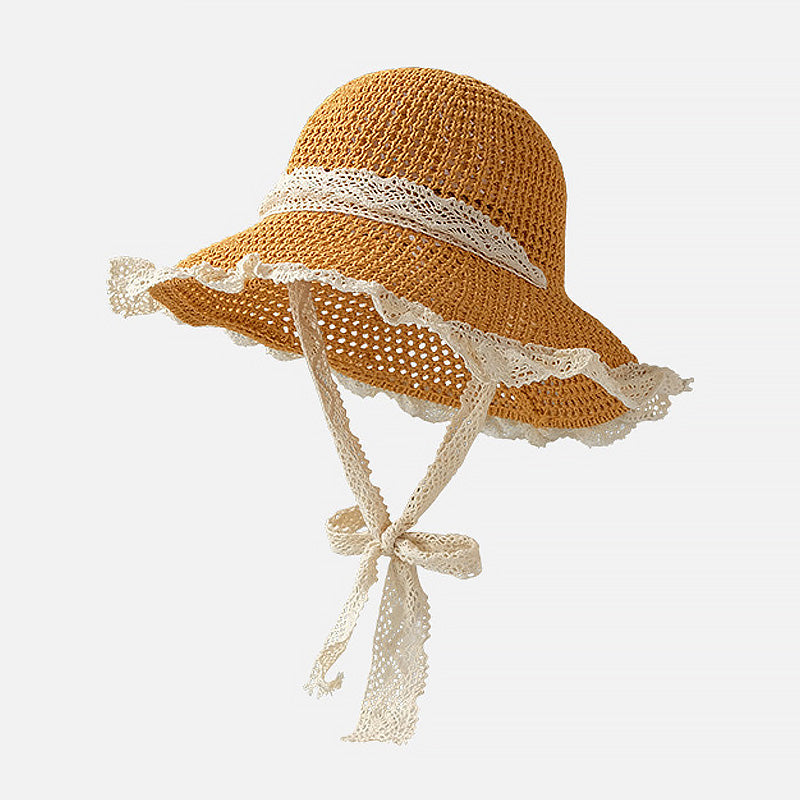 Elegant Lace Trim Sun Hat with Adjustable Windproof Strap – UV Protection & Structured Design