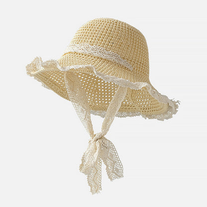 Elegant Lace Trim Sun Hat with Adjustable Windproof Strap – UV Protection & Structured Design