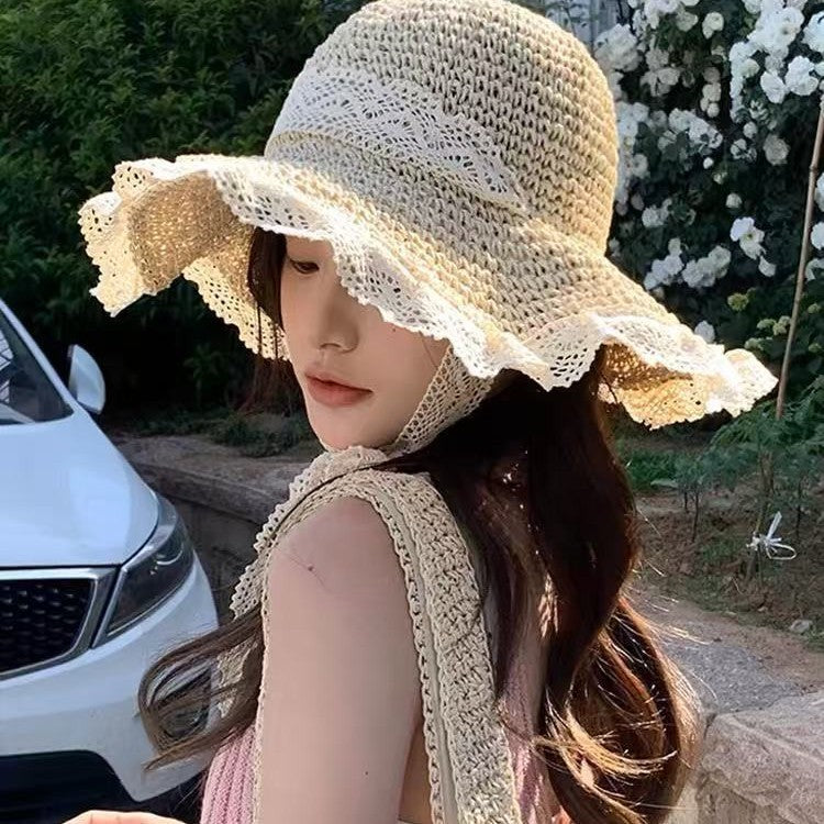 Elegant Lace Trim Sun Hat with Adjustable Windproof Strap – UV Protection & Structured Design