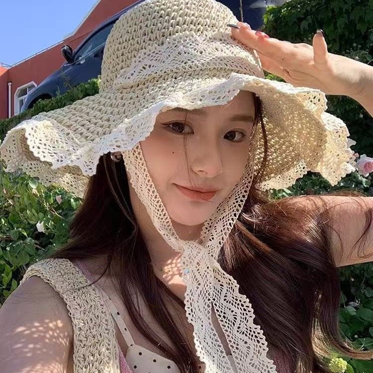 Elegant Lace Trim Sun Hat with Adjustable Windproof Strap – UV Protection & Structured Design