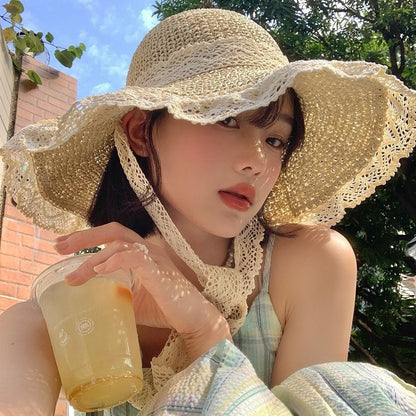 Elegant Lace Trim Sun Hat with Adjustable Windproof Strap – UV Protection & Structured Design