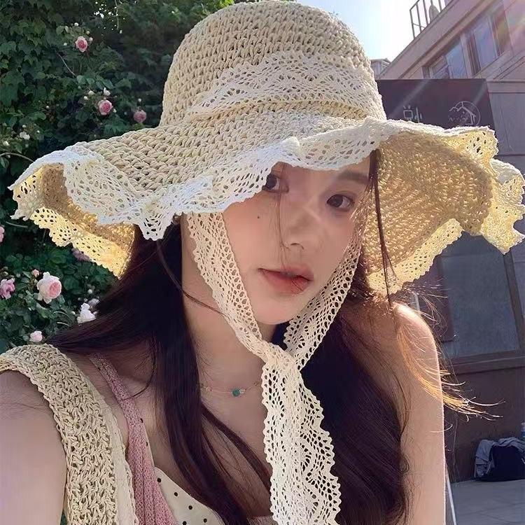 Elegant Lace Trim Sun Hat with Adjustable Windproof Strap – UV Protection & Structured Design