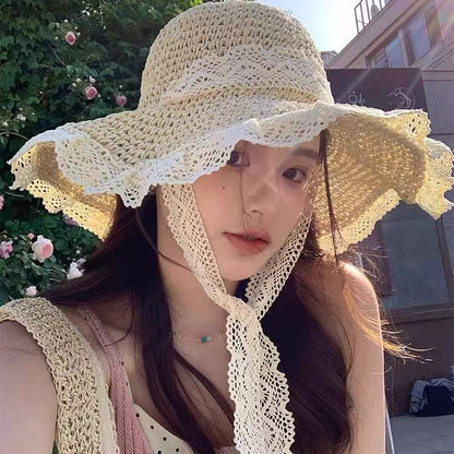 Elegant Lace Trim Sun Hat with Adjustable Windproof Strap – UV Protection & Structured Design