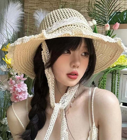 Elegant Lace Trim Sun Hat with Adjustable Windproof Strap – UV Protection & Structured Design