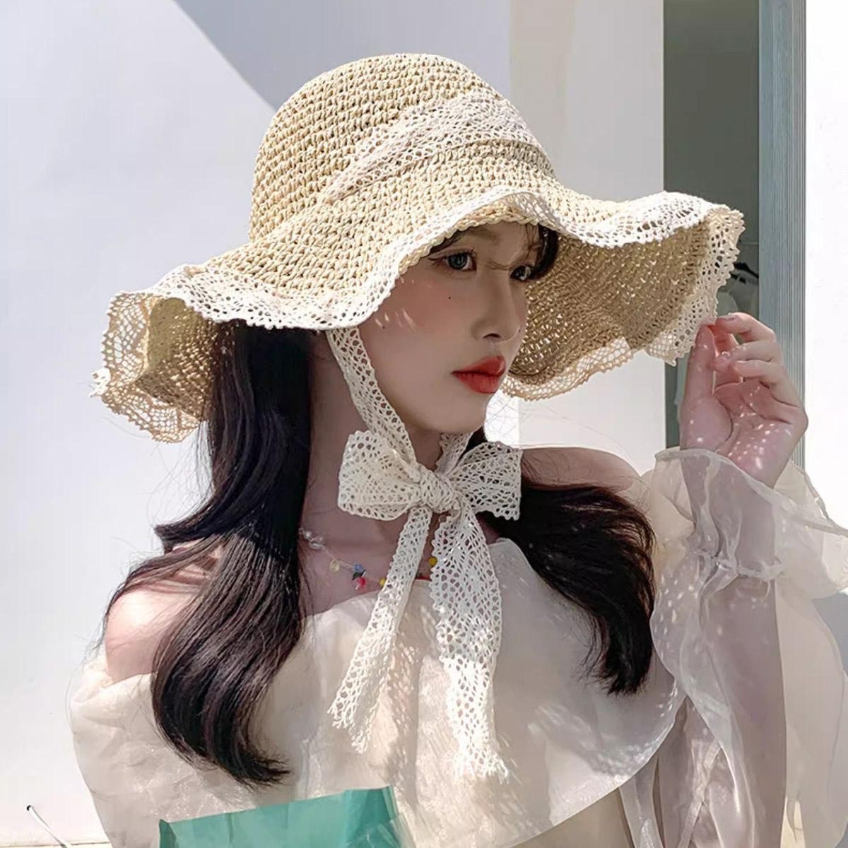 Elegant Lace Trim Sun Hat with Adjustable Windproof Strap – UV Protection & Structured Design