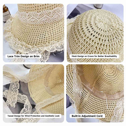 Elegant Lace Trim Sun Hat with Adjustable Windproof Strap – UV Protection & Structured Design
