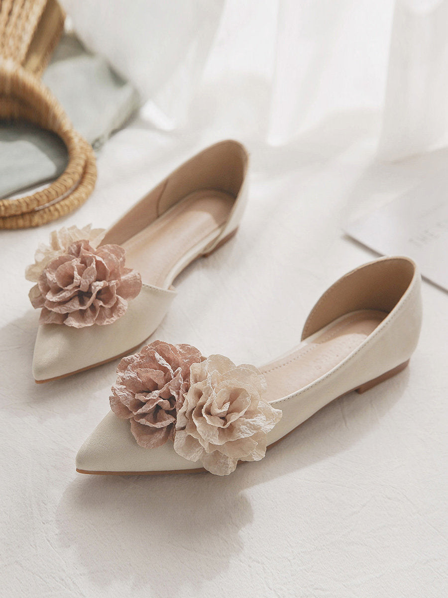 Elegant Leather Pointed Flats with Floral Appliqué
