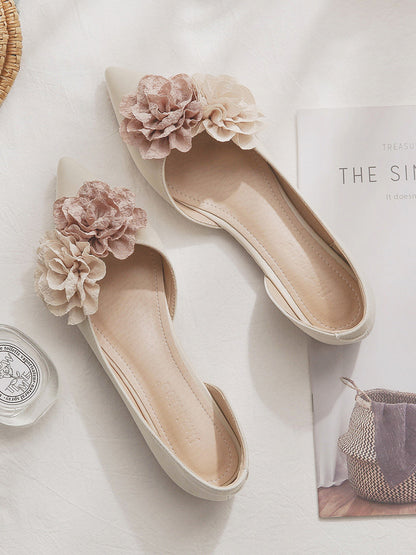 Elegant Leather Pointed Flats with Floral Appliqué