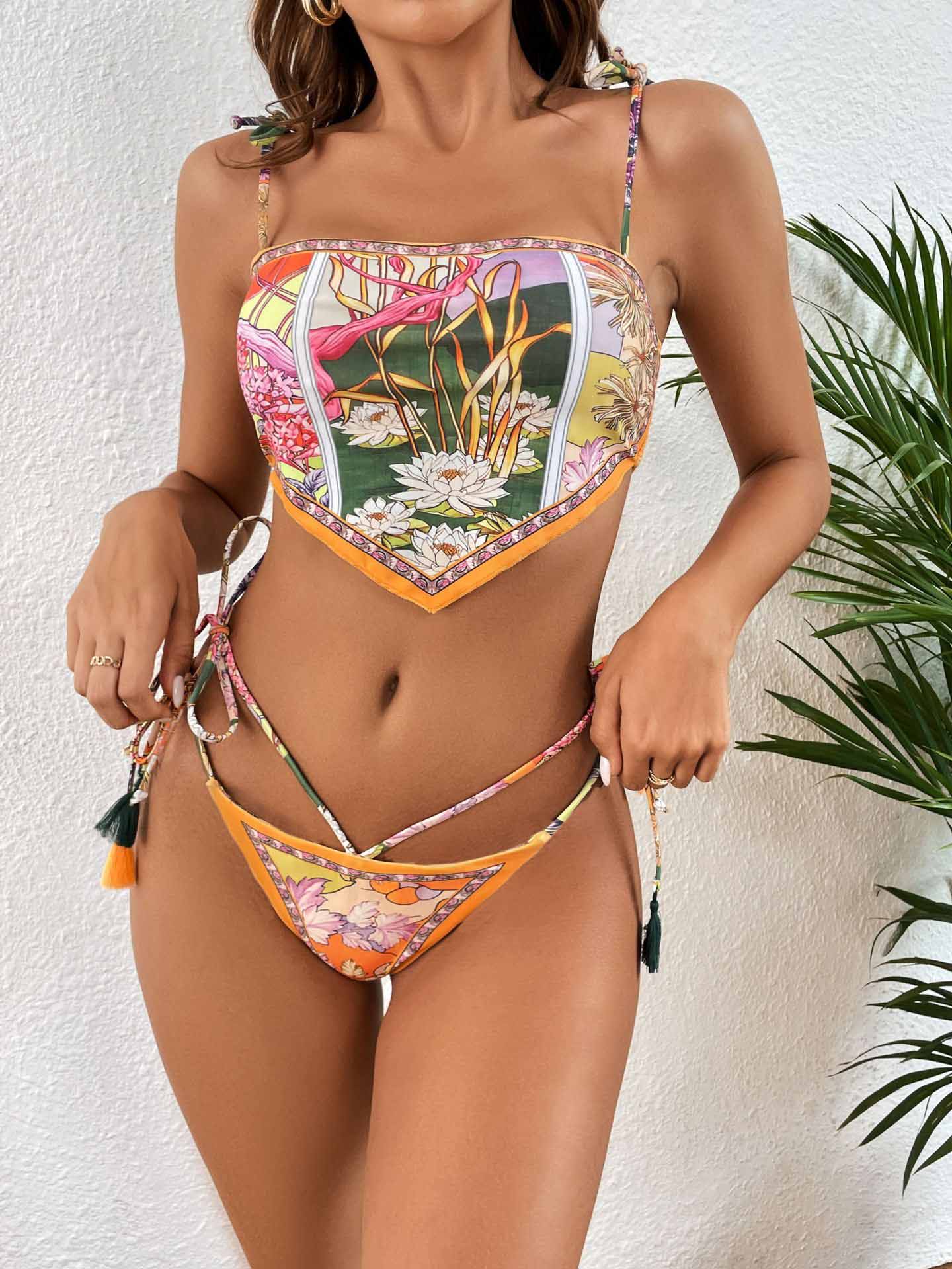 Floral Print Sexy Drawstring Bikini Swimsuit | ZAKAPOP