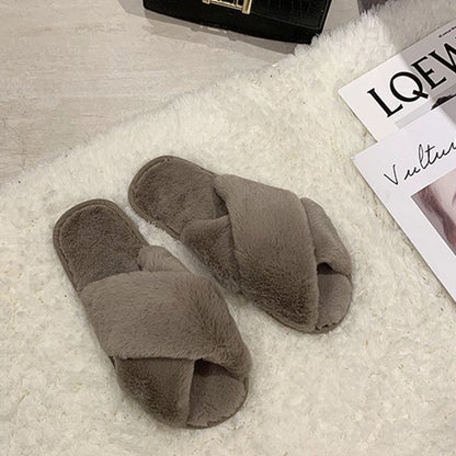 Fuzzy Cross Strap Women's Winter Flat Indoor  Slippers | ZAKAPOP