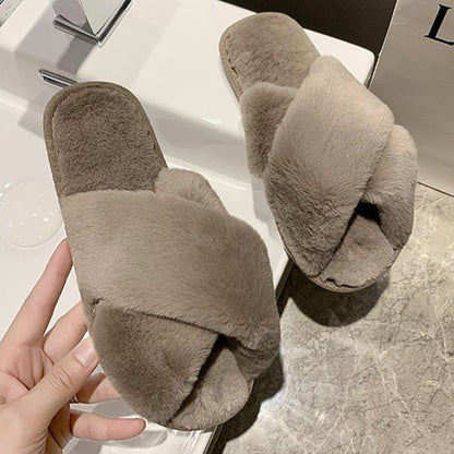 Fuzzy Cross Strap Women's Winter Flat Indoor  Slippers | ZAKAPOP