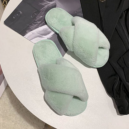 Fuzzy Cross Strap Women's Winter Flat Indoor  Slippers | ZAKAPOP