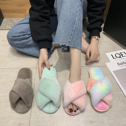Fuzzy Cross Strap Women's Winter Flat Indoor  Slippers | ZAKAPOP
