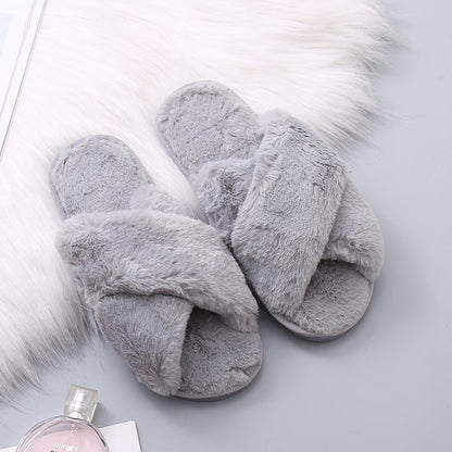 Fuzzy Cross Strap Women's Winter Flat Indoor  Slippers | ZAKAPOP