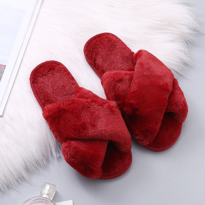 Fuzzy Cross Strap Women's Winter Flat Indoor  Slippers | ZAKAPOP