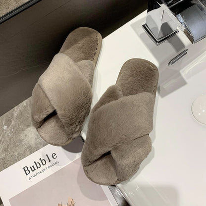 Fuzzy Cross Strap Women's Winter Flat Indoor  Slippers | ZAKAPOP