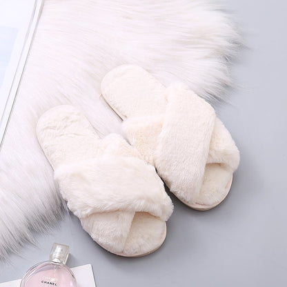 Fuzzy Cross Strap Women's Winter Flat Indoor  Slippers | ZAKAPOP