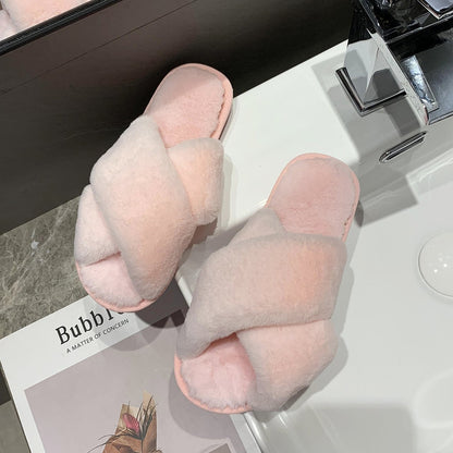 Fuzzy Cross Strap Women's Winter Flat Indoor  Slippers | ZAKAPOP