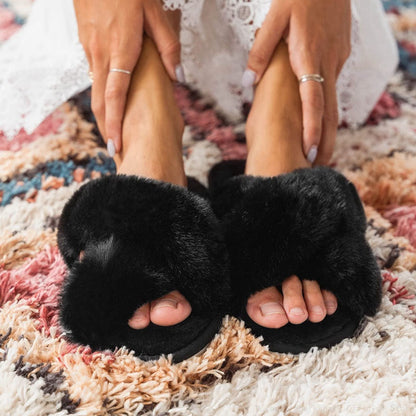 Fuzzy Cross Strap Women's Winter Flat Indoor  Slippers | ZAKAPOP