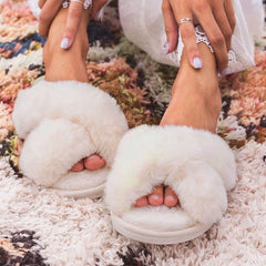 Fuzzy Cross Strap Women's Winter Flat Indoor  Slippers | ZAKAPOP